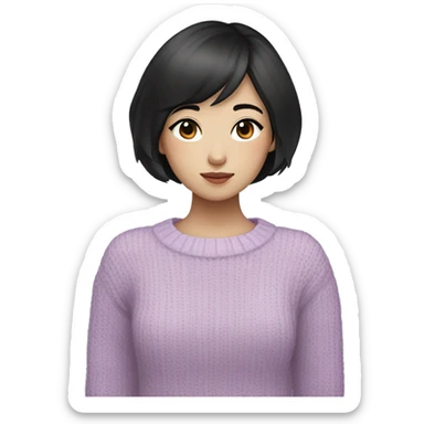 korean girl short black hair sharp jawline, attractive wearing a lilac sweater sticker