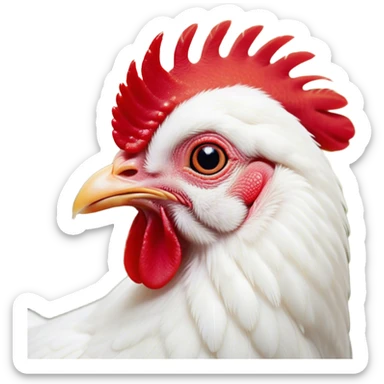 Cinematic Cute White Chicken Portrait Emoji, Head tilted playfully and inquisitively, featuring smooth, immaculate white feathers and a delicate red comb, round, sparkling beady eyes filled with curiosity, Simplified yet irresistibly adorable features, highly detailed, glowing with a warm, friendly glow, high shine, affectionate and lively, stylized with a touch of farmyard whimsy, bright and endearing, soft glowing outline, capturing the essence of a mischievous yet loving chicken, so playful it feels like it could peck out of the screen and into your arms! sticker