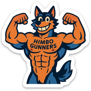 extremely muscular wolf furry, no t-shirt, 'Himbo Gunners' tattooed across his chest, flexing pose, big friendly grin sticker