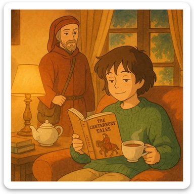 cozy scene of a person reading the Canterbury Tales and drinking tea, Chaucer in medieval attire standing behind, warm lighting sticker