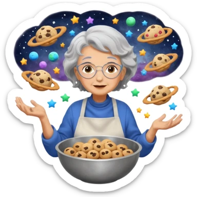 Portrait of a cosmic grandma baking cookies among stars and galaxies, swirling nebula flour clouds, planetary mixing bowls, surreal space setting, emoji-style sticker