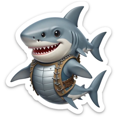 Anthropomorphic shark without head fins, wearing a gambeson and chainmail coif with messy black hair smiling sticker