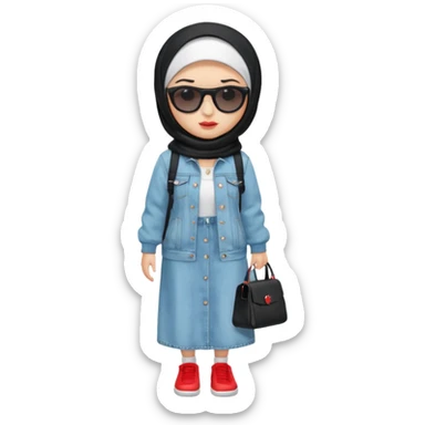 female memoji character, iPhone style, wearing black hijab, white long dress, oversized light blue denim jacket, white socks, black shoes with red detail, black shoulder bag, sunglasses on head, cute expression, no background, transparent PNG sticker