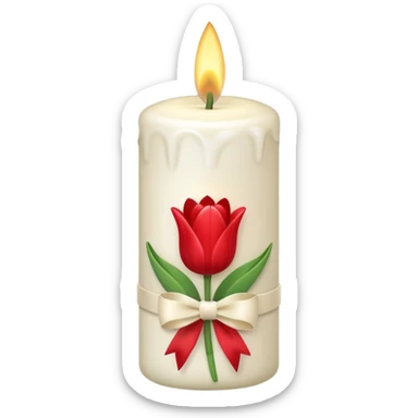 white candle with a tulip bow sticker