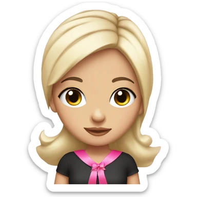 girl with black hair and eyelashes and a pink ribbon in her hair sticker