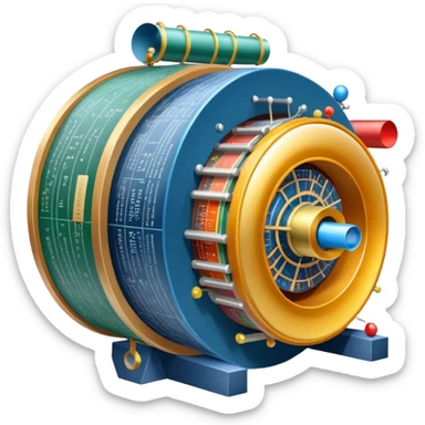 An icon featuring a physics textbook, a large Hadron Collider with particles flying off, symbolizing the study of physics. The design includes atomic models, energy waves, and scientific formulas, representing fundamental physical principles and research. Transparent background. sticker