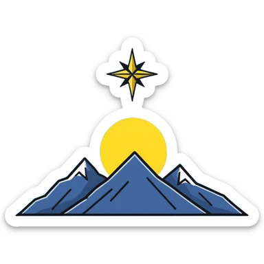 An eight-pointed star with wide wings, colored yellow, featuring a simple mountain silhouette in the center sticker