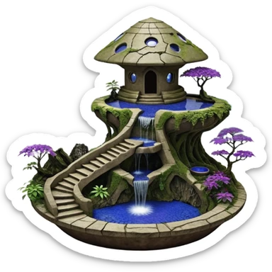 Alien saucer house jungle-vines unevenly precarious stairway fountain mountain-island landscape antique mudman very old broken cracked intricate Stone Age lapis-crusted irregular dodecagon-shaped shallow dark moss rough bark violet serissa flowered maple tree bonsai pot sticker