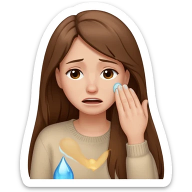Woman with long brown hair crying, light beige sweater sticker