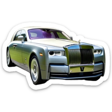 Rolls-Royce Phantom (2022) – cinematic-realistic Rolls-Royce Phantom, its polished silver frame glistening under the sun as it glides down a winding, tree-lined road. The iconic Spirit of Ecstasy hood ornament stands proudly, the V12 engine hums silently as the car cuts through the serene countryside, embodying elegance and power. sticker