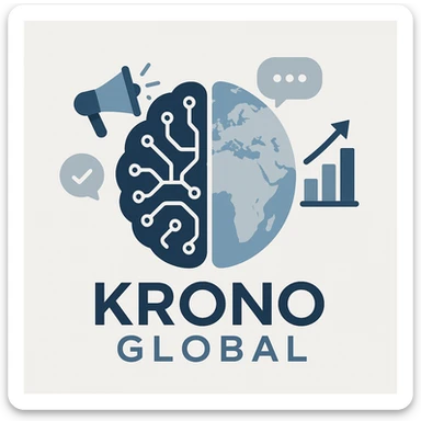 Visual mark for Krono Global: AI brain merged with a world map, surrounded by marketing icons like megaphone and graph, in a contemporary, global business color palette, modern and professional. sticker