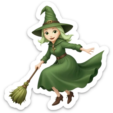 Traditional green old witch flying on a broom emoji sticker
