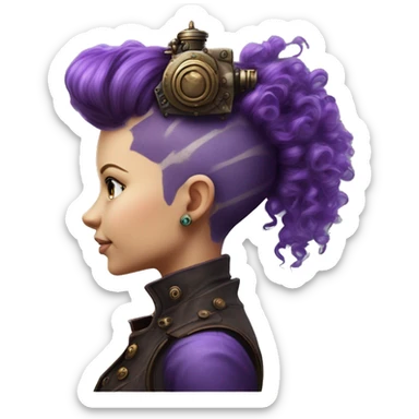 Photorealistic steampunk profile short mohawk purple  curl on Caucasian girl with small nose round face sticker