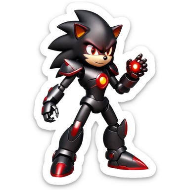 Robotic Shadow the Hedgehog with black metallic body, red glowing eyes, red energy streaks, and battle stance sticker