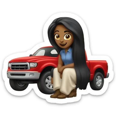 A white lady with long black hair, driving an older red pick up truck sticker