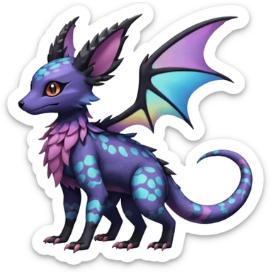 Rare epic aesthetic iridescent spooky gloomy colorful Salandit-Noibat-Eevee-Genet-species-Fakemon-hybrid-creature, with markings, full body sticker