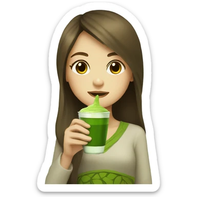 Girl with long brown hair drinking matcha sticker