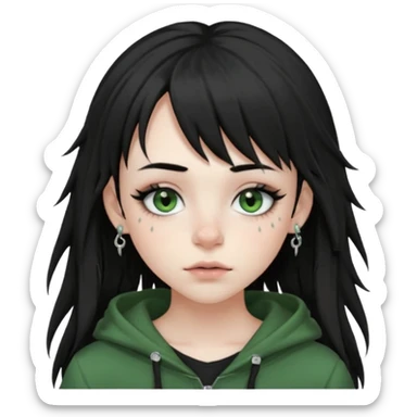 girl with black long layered hair with wispy bangs, pale skin, black t shirt, freckles on nose, dark nude colored lipliner, fluffy lashes, green hooded eyes, black spiky septum ring, eyebrow piercing, blush, thin black eyebrows. sticker