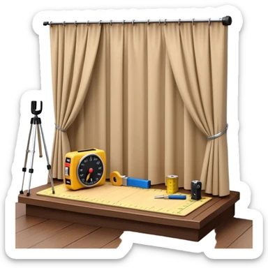 Miniature 3D room model beside a wooden plank, stage curtain, and measuring tape, arranged like a toolkit of visual and spatial design. sticker