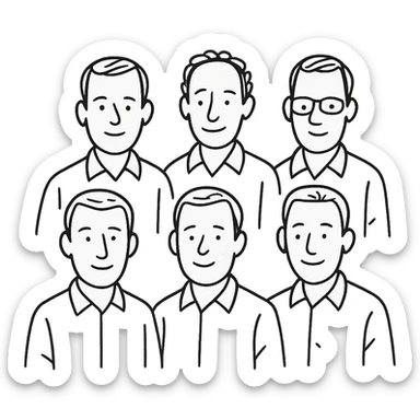 group of 6 men, white skin tone, white shirts, hand-drawn style sticker