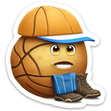 funny potato, with basketball hat, mountain boots and holding a tennis rac sticker