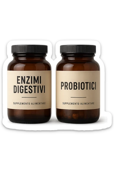 DUE BARATTOLI di integratore con la scritta "ENZIMI DIGESTIVI" E "PROBIOTICI", iperrealistico 4k sticker