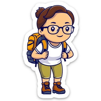 Woman in her late 30s with glasses wearing sporty outfit, hiking boots, and backpack looking happy and curious sticker