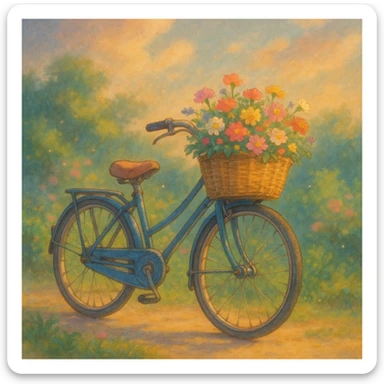 bicycle with a basket of flowers, dreamy lighting, soft painterly textures, whimsical and nostalgic, Ghibli style sticker