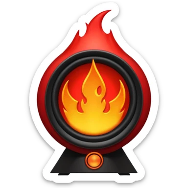 Head: A black KLIPSCH RP-8000F speaker, often represented with a red center or speaker cone.
Core: A small, bright glowing cherry-red circle representing his core.
Body & Armor: Primarily black armor plating with bright red accents or flames. sticker