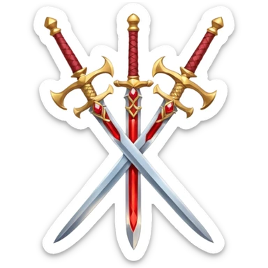 Two crossed swords that are golden in blade and handle and have fiery and royal appearence to them as well as red gem stones sticker