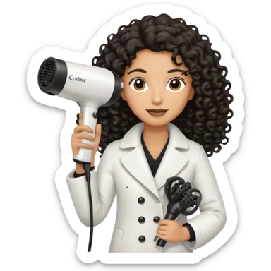 Parrucchiera con il phon in mano e la scritta coiffeur assunta capelli neri e ricci lunghi sticker