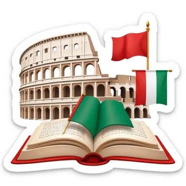 An icon featuring the Colosseum and the flag of Italy, symbolizing the Italian language. The design includes an open book with Italian phrases and a gondola, representing language learning and cultural exploration. Transparent background sticker