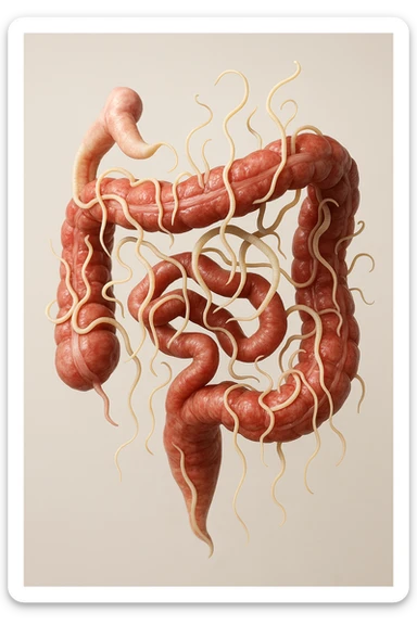INTESTINO UMANO ANATOMICO REALISTICO FLUTTUA IN ARIA INSIEME A PARASSITI COME LA TENIA, SFONDO CHIARO, iperrealistico 4k sticker