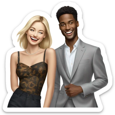 Hyper Realistic beautiful dior model laughing with a handsome male model  sticker