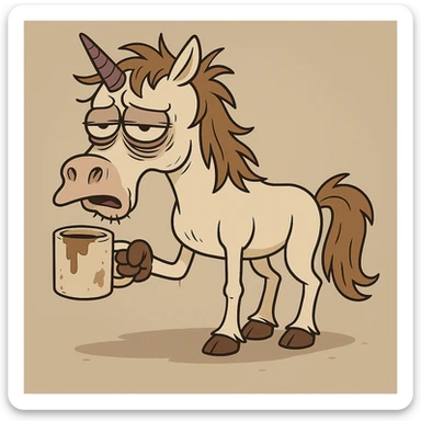 Add a dirty coffee cup in the unicorn's hoof, keep the cartoonish style, unicorn remains disgusting and rumpled with bags under his eyes and a drooping horn. sticker
