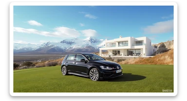 black Golf 4 with, in background is modern huge two flors white villa, in distance are iceland mountains, rule of thirds, shot on gopro hero, noise camera sticker