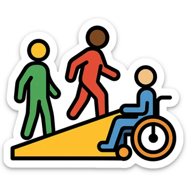 accessible activity space icon with color fill, ramps, and diverse people sticker