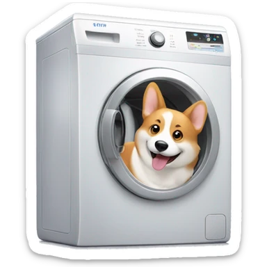 a washing machine next to a smiling corgi sticker