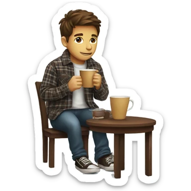 A boy drink coffe with plaid sticker