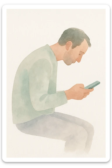 a man hunched over his cell phone, watercolor art style sticker