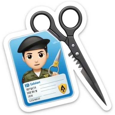 Floating black Scissors cutting an idf soldier ID card in 2 parts .hyper realistic sticker
