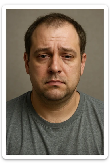 Un uomo caucasico di 35-45 anni, in CGI fotorealistico, che mostra i segni fisici ed emotivi di un basso livello di testosterone. sticker