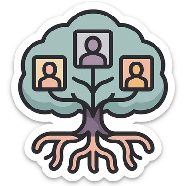 A tree symbolizing family history and a genealogical tree in icon-color-outlined style with thin clean contours and soft rounded shapes, pastel palette #98B5BC, #B5B3C1, #C9A3C9, #E4C0CA, #F7DCD1, #F7C0AA, modern Japanese pop-art and sticker aesthetics, detailed shadows and highlights, soft lighting, transparent background. Branches and roots stylized to represent family connections and history. sticker