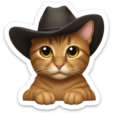brown cat with black stripes laying down has a cowboy hat on sticker