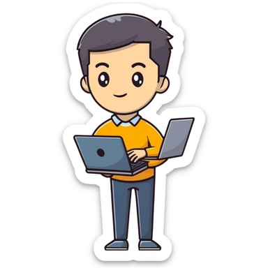 full body male teacher with attractive handsome face and stylish modern haircut in casual clothes holding a laptop sticker