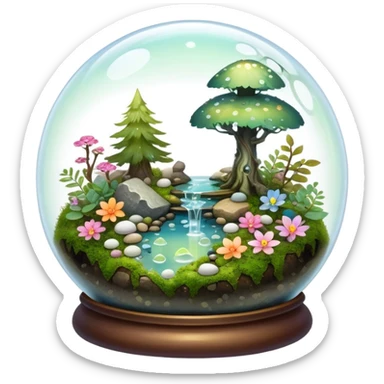 Sparkly shiny iridescent Mystical woodland glass-dome-terrarium-globe with moss inside, with marbles, with pebbles, crystals, with bones inside, and flowers inside  sticker