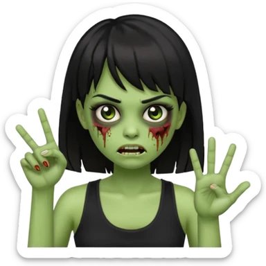 Crie um emoji de zumbi garota do iphone, que tenha o cabelo preto longo, pele levemente esverdeada, de cumprimento no peito, que tenha uma franja no tamanho da sobrancelha, com os olhos escuros e que use uma regata preta sticker