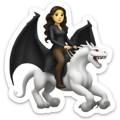 Beautiful white woman with long wavy dark brown hair riding on top of a black dragon sticker