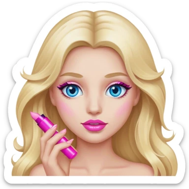 Cinematic realistic blonde with long hair, blue eyes and pink lips with mascara in her hands sticker
