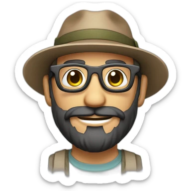 happy smile gardener face long dark beard and bald dark hair round glasses brown eyes and a hat sticker